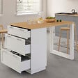 ID MARKET - Ilot central mange-debout 4 personnes VITO 130 cm casserolier 3 tiroirs blanc et plateau bois - vignette