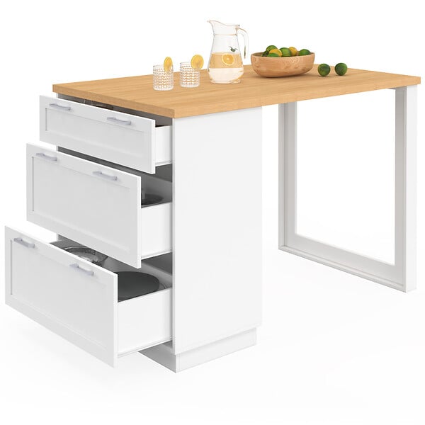 ID MARKET - Ilot central mange-debout 4 personnes VITO 130 cm casserolier 3 tiroirs blanc et plateau bois - large
