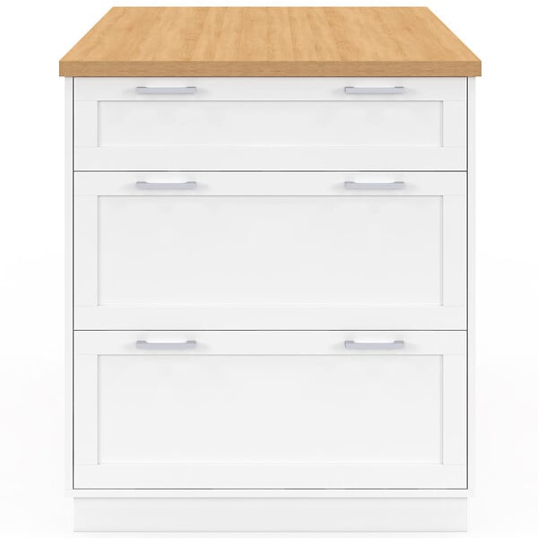 ID MARKET - Ilot central mange-debout 4 personnes VITO 130 cm casserolier 3 tiroirs blanc et plateau bois - large