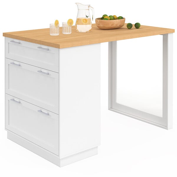 ID MARKET - Ilot central mange-debout 4 personnes VITO 130 cm casserolier 3 tiroirs blanc et plateau bois - large