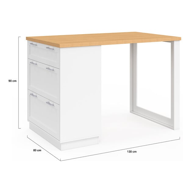 ID MARKET - Ilot central mange-debout 4 personnes VITO 130 cm casserolier 3 tiroirs blanc et plateau bois - large