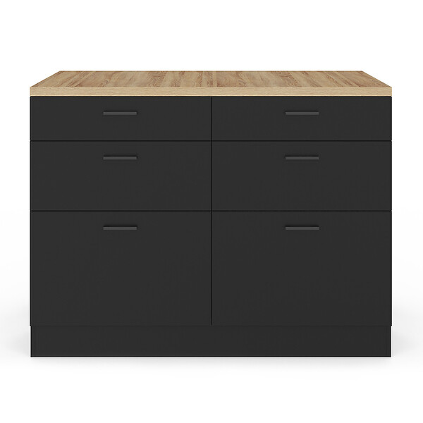 ID MARKET - Ilot central mange-debout ORSO 120 cm casserolier 6 tiroirs noir avec plan de travail façon hêtre - large