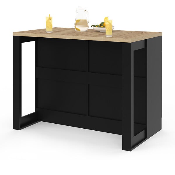 ID MARKET - Ilot central mange-debout ORSO 120 cm casserolier 6 tiroirs noir avec plan de travail façon hêtre - large