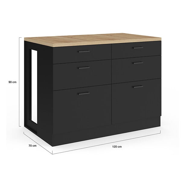 ID MARKET - Ilot central mange-debout ORSO 120 cm casserolier 6 tiroirs noir avec plan de travail façon hêtre - large