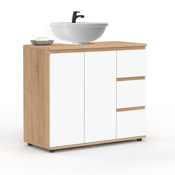 ID MARKET - Meuble sous lavabo salle de bain TOMI avec placard et 3 tiroirs façon hêtre et blanc - large