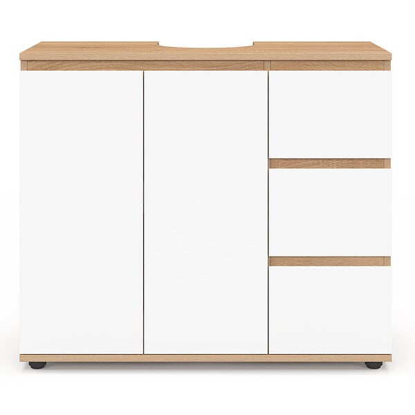 ID MARKET - Meuble sous lavabo salle de bain TOMI avec placard et 3 tiroirs façon hêtre et blanc - large