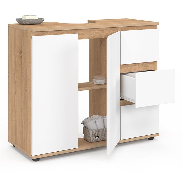 ID MARKET - Meuble sous lavabo salle de bain TOMI avec placard et 3 tiroirs façon hêtre et blanc - large