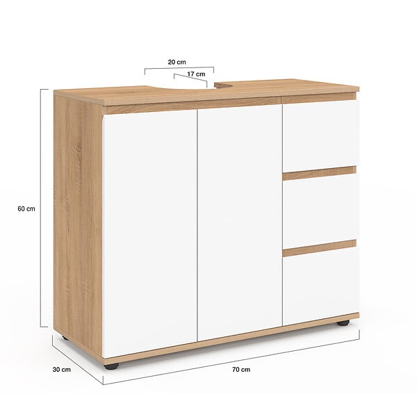 ID MARKET - Meuble sous lavabo salle de bain TOMI avec placard et 3 tiroirs façon hêtre et blanc - large