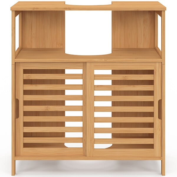 ID MARKET - Meuble sous lavabo salle de bain bambou BEA avec portes coulissantes - large