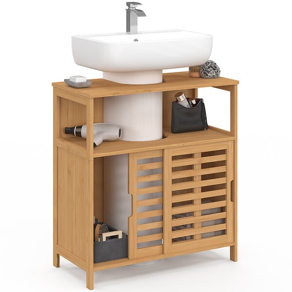 ID MARKET - Meuble sous lavabo salle de bain bambou BEA avec portes coulissantes - large