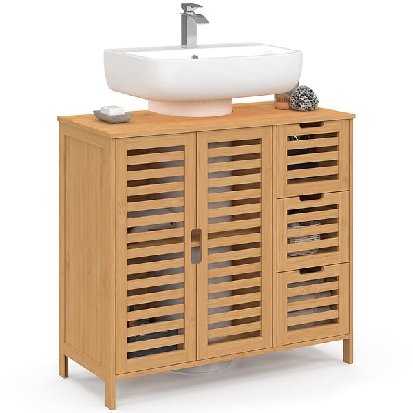ID MARKET - Meuble sous lavabo salle de bain bambou BEA avec placard et 3 tiroirs - large