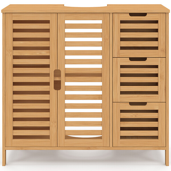ID MARKET - Meuble sous lavabo salle de bain bambou BEA avec placard et 3 tiroirs - large