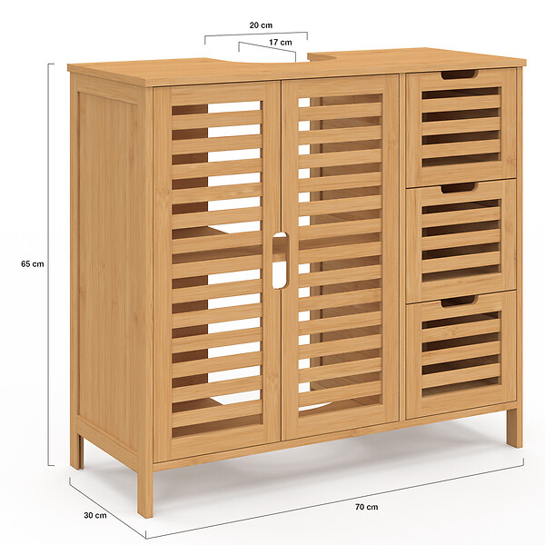 ID MARKET - Meuble sous lavabo salle de bain bambou BEA avec placard et 3 tiroirs - large