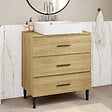 ID MARKET - Meuble sous vasque 80 cm salle de bain 3 tiroirs façon hêtre et noir avec pieds télescopiques - vignette