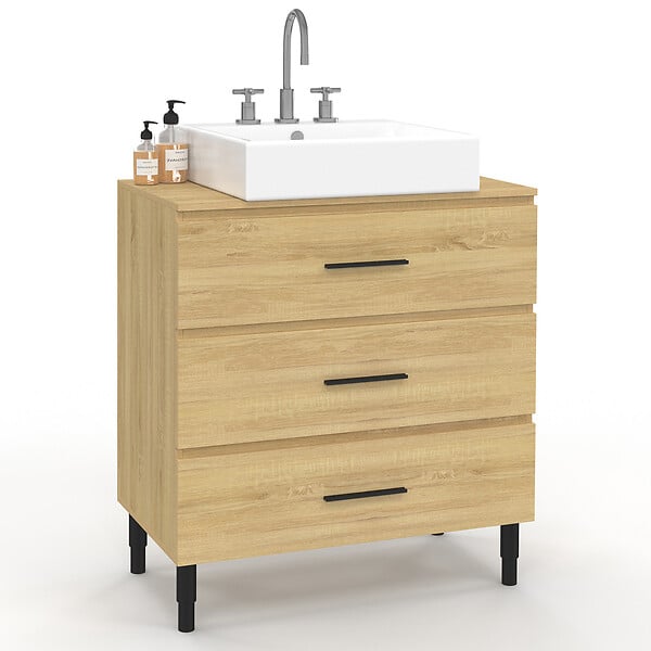 ID MARKET - Meuble sous vasque 80 cm salle de bain 3 tiroirs façon hêtre et noir avec pieds télescopiques - large
