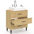 ID MARKET - Meuble sous vasque 80 cm salle de bain 3 tiroirs façon hêtre et noir avec pieds télescopiques - vignette