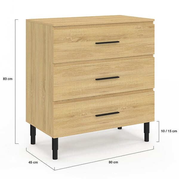 ID MARKET - Meuble sous vasque 80 cm salle de bain 3 tiroirs façon hêtre et noir avec pieds télescopiques - large