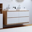 ID MARKET - Meuble double vasque suspendu salle de bain TOMI 120 cm 4 tiroirs façon hêtre et blanc - vignette