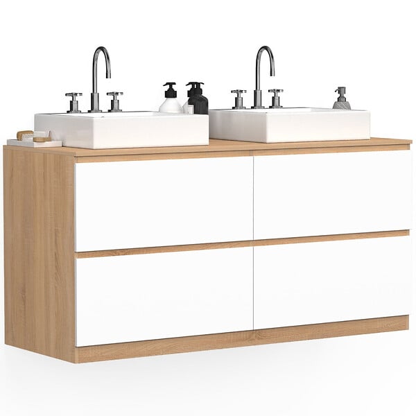 ID MARKET - Meuble double vasque suspendu salle de bain TOMI 120 cm 4 tiroirs façon hêtre et blanc - large
