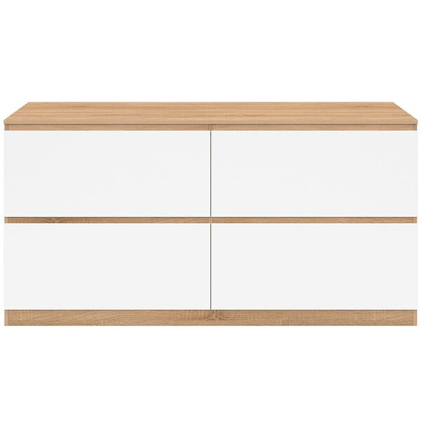 ID MARKET - Meuble double vasque suspendu salle de bain TOMI 120 cm 4 tiroirs façon hêtre et blanc - large