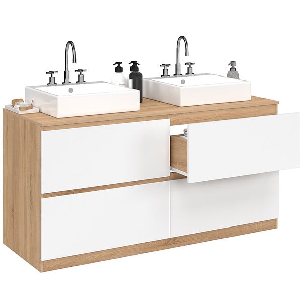 ID MARKET - Meuble double vasque suspendu salle de bain TOMI 120 cm 4 tiroirs façon hêtre et blanc - large