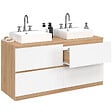 ID MARKET - Meuble double vasque suspendu salle de bain TOMI 120 cm 4 tiroirs façon hêtre et blanc - vignette