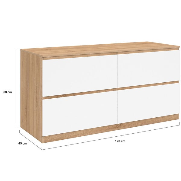 ID MARKET - Meuble double vasque suspendu salle de bain TOMI 120 cm 4 tiroirs façon hêtre et blanc - large