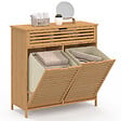 ID MARKET - Meuble de rangement salle de bain bambou BEA 2 paniers à linge amovibles 1 tiroir tissu écru - vignette