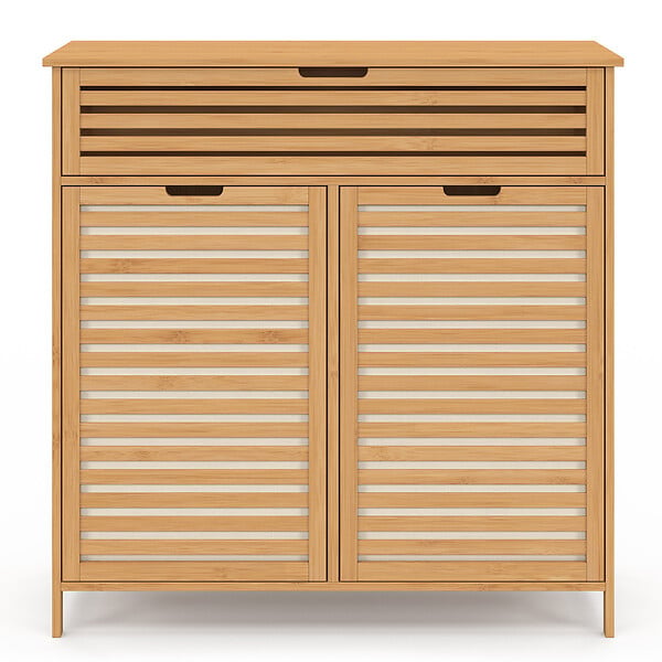ID MARKET - Meuble de rangement salle de bain bambou BEA 2 paniers à linge amovibles 1 tiroir tissu écru - large