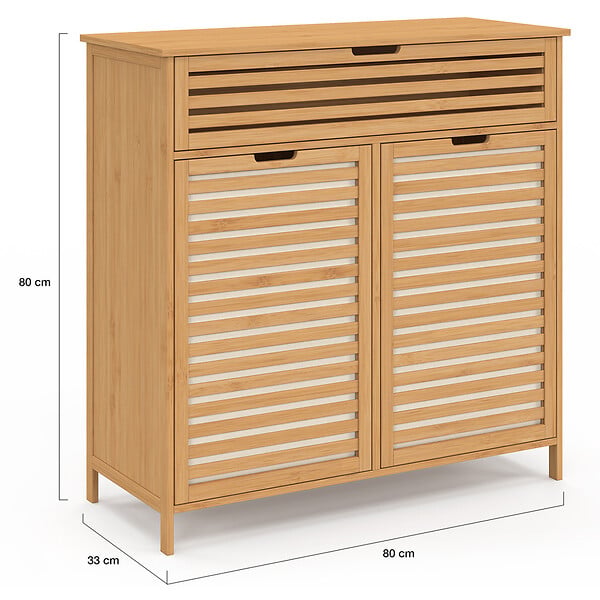 ID MARKET - Meuble de rangement salle de bain bambou BEA 2 paniers à linge amovibles 1 tiroir tissu écru - large