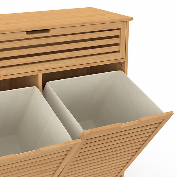 ID MARKET - Meuble de rangement salle de bain bambou BEA 2 paniers à linge amovibles 1 tiroir tissu écru - large