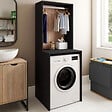 ID MARKET - Meuble dessus machine à laver avec penderie WALLIS noir et bois façon hêtre - vignette