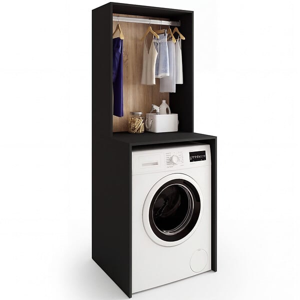 ID MARKET - Meuble dessus machine à laver avec penderie WALLIS noir et bois façon hêtre - large