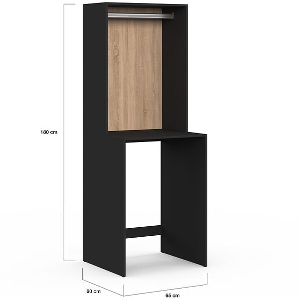 ID MARKET - Meuble dessus machine à laver avec penderie WALLIS noir et bois façon hêtre - large