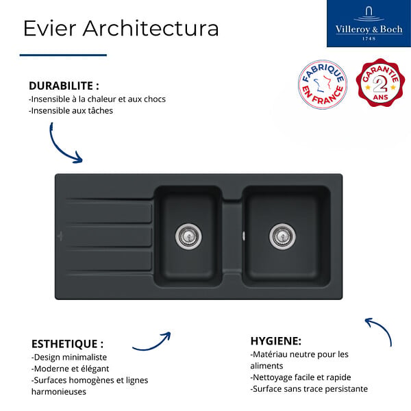VILLEROY ET BOCH - Evier 1 bac et demi  Architectura 80 Noir - large