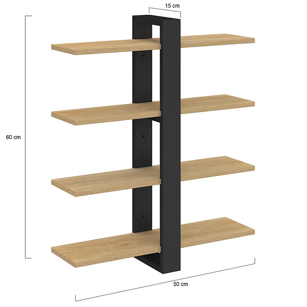 ID MARKET - Etagère murale avec étagères coulissantes ORA 4 niveaux façon hêtre et noir - large
