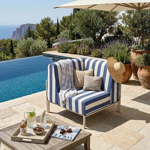 OVIALA - Fauteuil d'angle rayé pour salon jardin modulable tissu bleu pacific - Patio - large