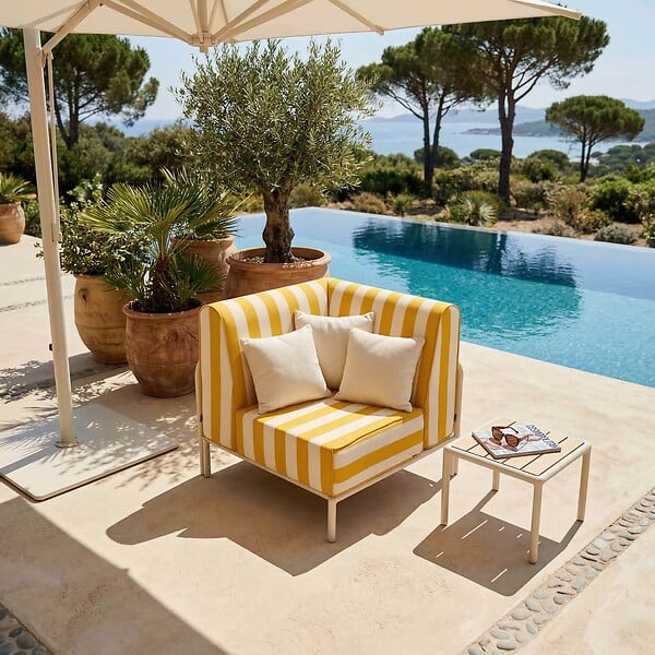 OVIALA - Fauteuil d'angle rayé pour salon de jardin modulable tissu jaune clair - Patio - large