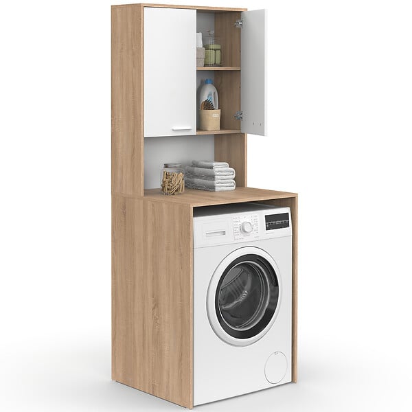 ID MARKET - Meuble dessus de machine à laver WALLIS avec placard bois façon hêtre et blanc - large