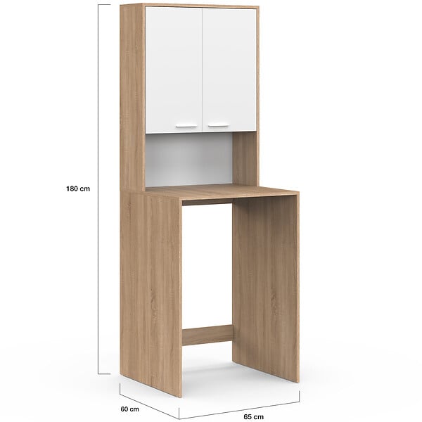 ID MARKET - Meuble dessus de machine à laver WALLIS avec placard bois façon hêtre et blanc - large