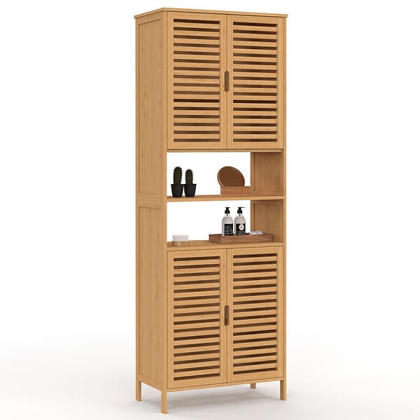 ID MARKET - Meuble armoire colonne salle de bain bambou BEA 4 portes et 2 niches - large