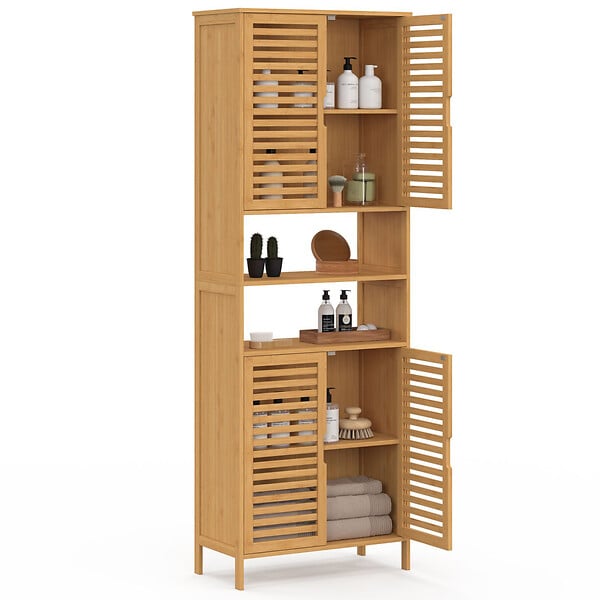 ID MARKET - Meuble armoire colonne salle de bain bambou BEA 4 portes et 2 niches - large