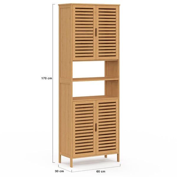 ID MARKET - Meuble armoire colonne salle de bain bambou BEA 4 portes et 2 niches - large