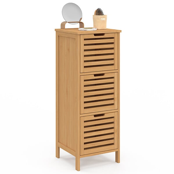 ID MARKET - Meuble d'appoint salle de bain bambou BEA 3 portes 30 x 30 x 80 cm - large