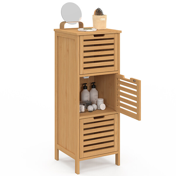 ID MARKET - Meuble d'appoint salle de bain bambou BEA 3 portes 30 x 30 x 80 cm - large