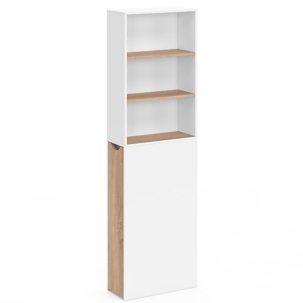 ID MARKET - Meuble colonne salle de bain TOMI gain de place desserte 2 niveaux avec tiroirs et 3 étagères façon hêtre et blanc - large