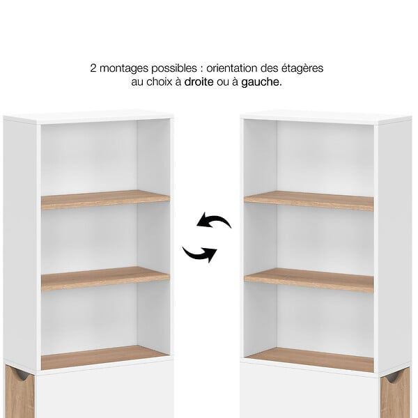 ID MARKET - Meuble colonne salle de bain TOMI gain de place desserte 2 niveaux avec tiroirs et 3 étagères façon hêtre et blanc - large