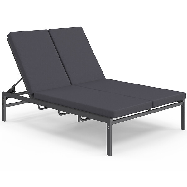 ID MARKET - Lit bain de soleil double, transat de jardin 2 places inclinable, chaise longue en acier avec matelas gris anthracite - large