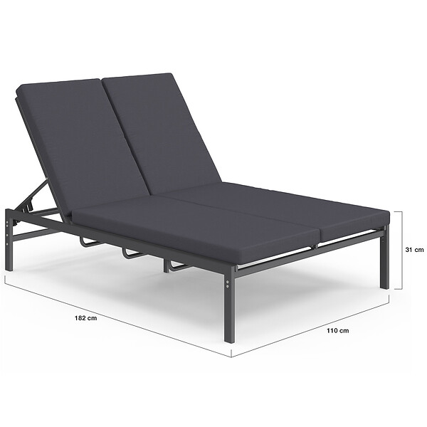 ID MARKET - Lit bain de soleil double, transat de jardin 2 places inclinable, chaise longue en acier avec matelas gris anthracite - large