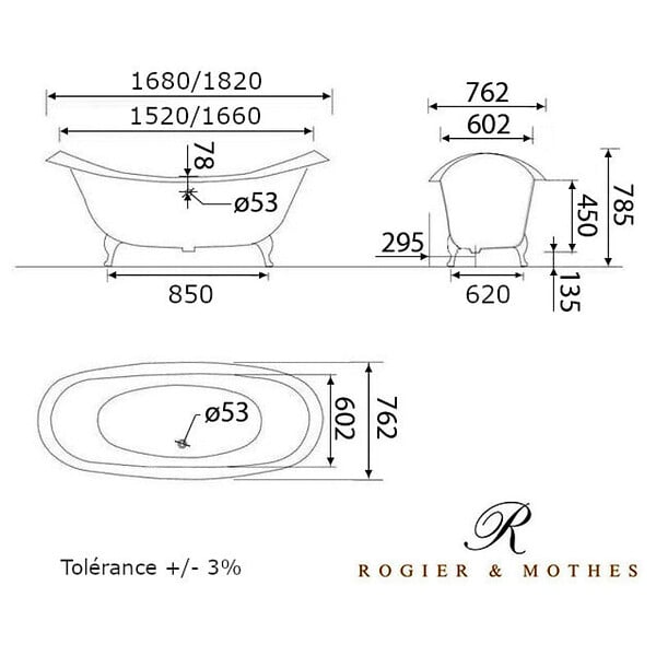 ROGIER & MOTHES - Baignoire sur pieds rétro en fonte KINGSTON Blanche 182 cm Pieds chromés - large
